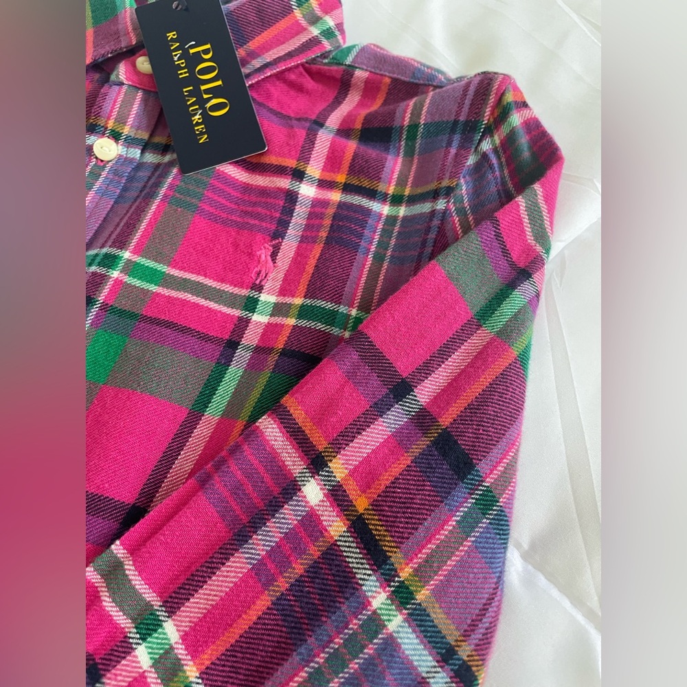NWT Polo by Ralph Lauren Girls Pink Green Plaid Cotton Shirt Dress - Picture 2 of 6